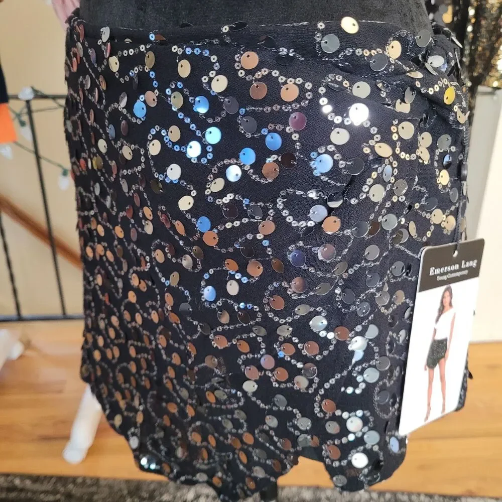 Emerson Lang Black and Silver Sequin Skort Skirt Size Small NWT Women's Party
